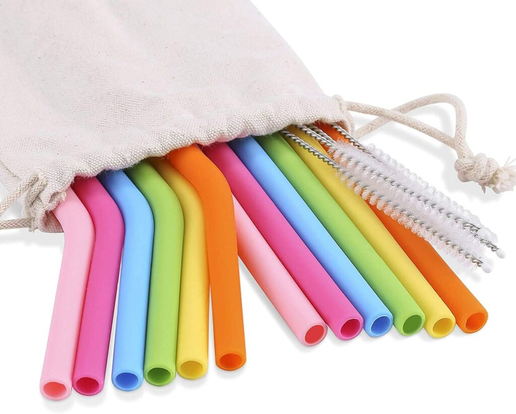 Colourful reusable straws in bag. Gifts for university students