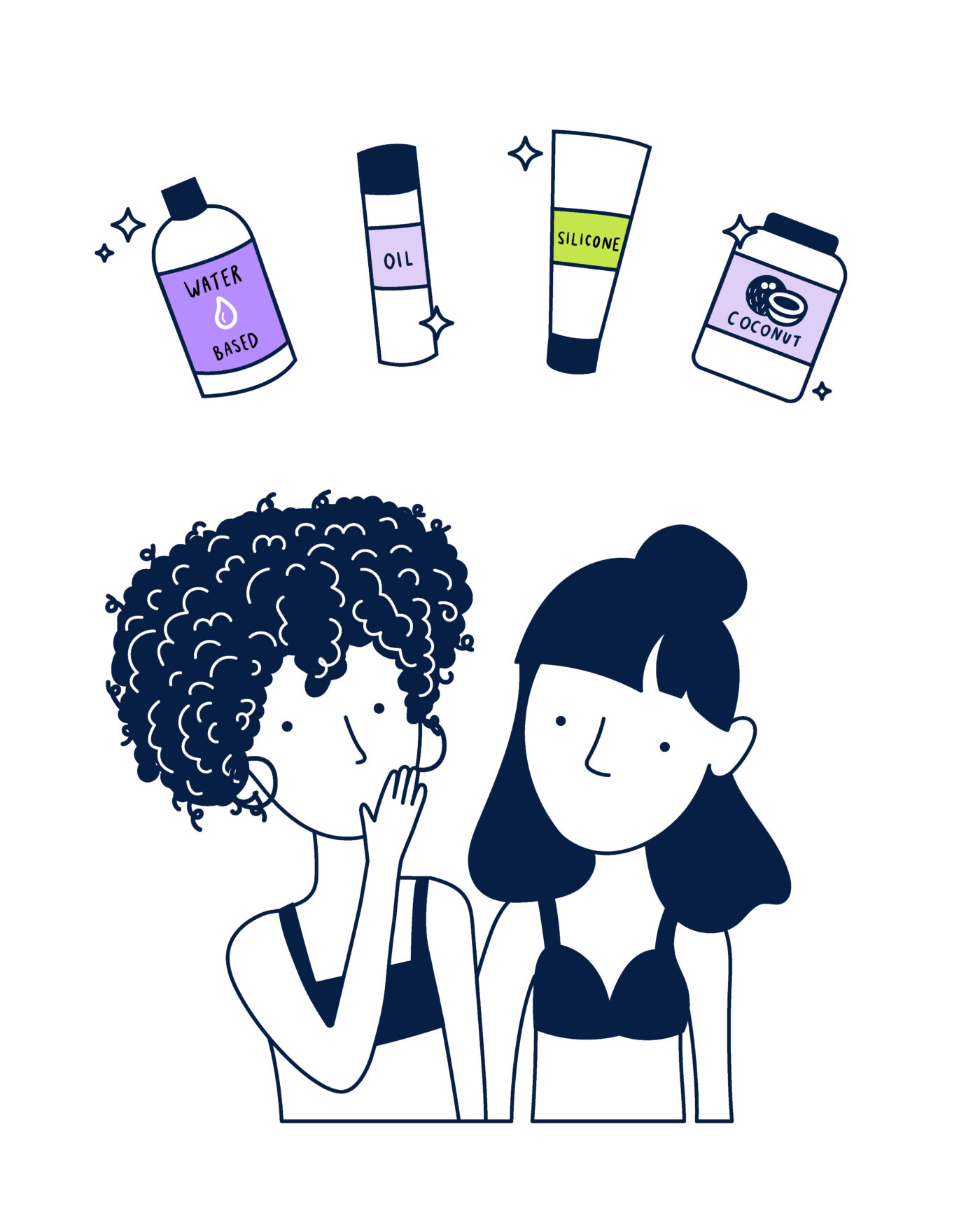 two girls surrounded by types of lube