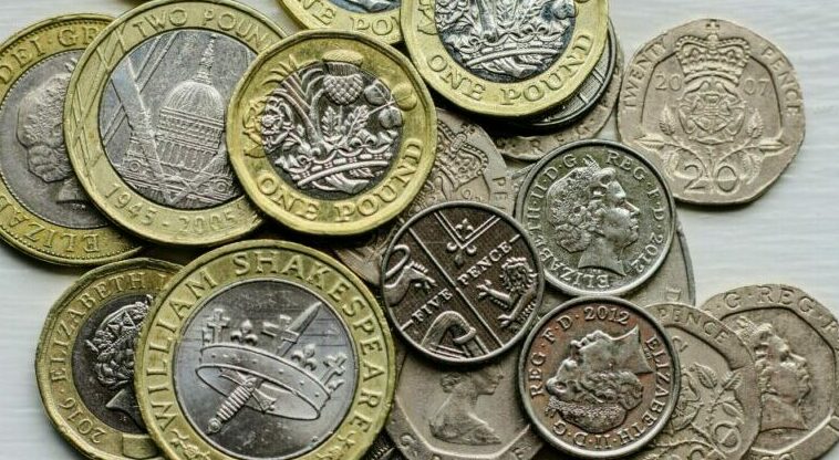 Pile of pennies and pound coins