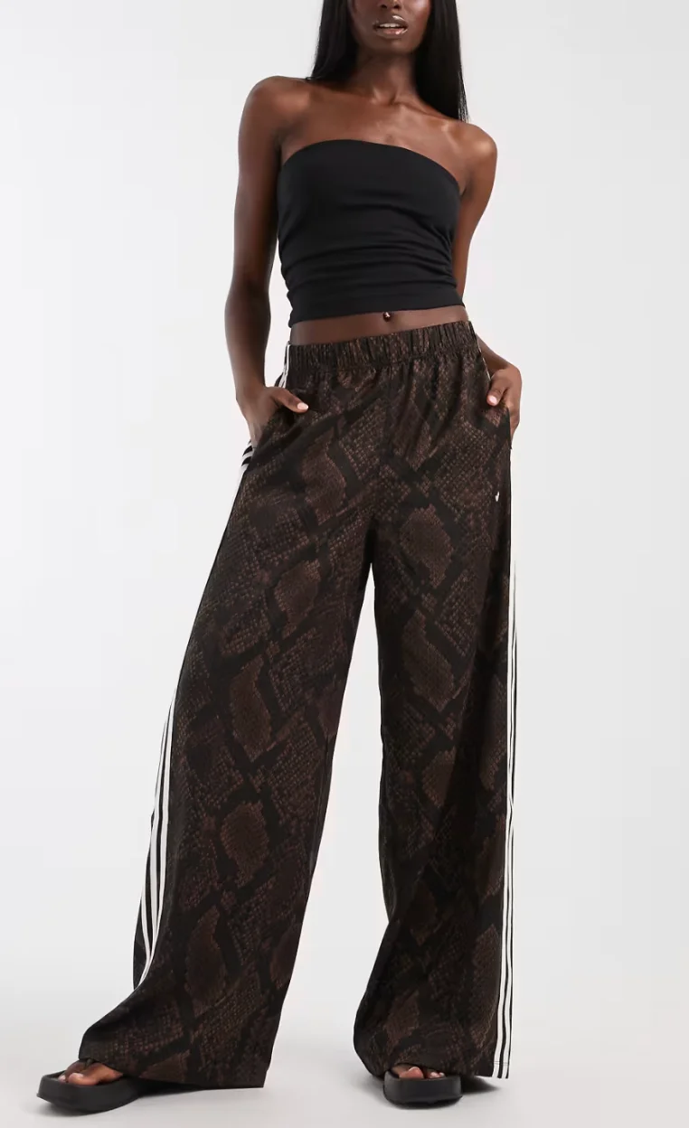 adidas Originals wide leg satin track pants in dark brown snake