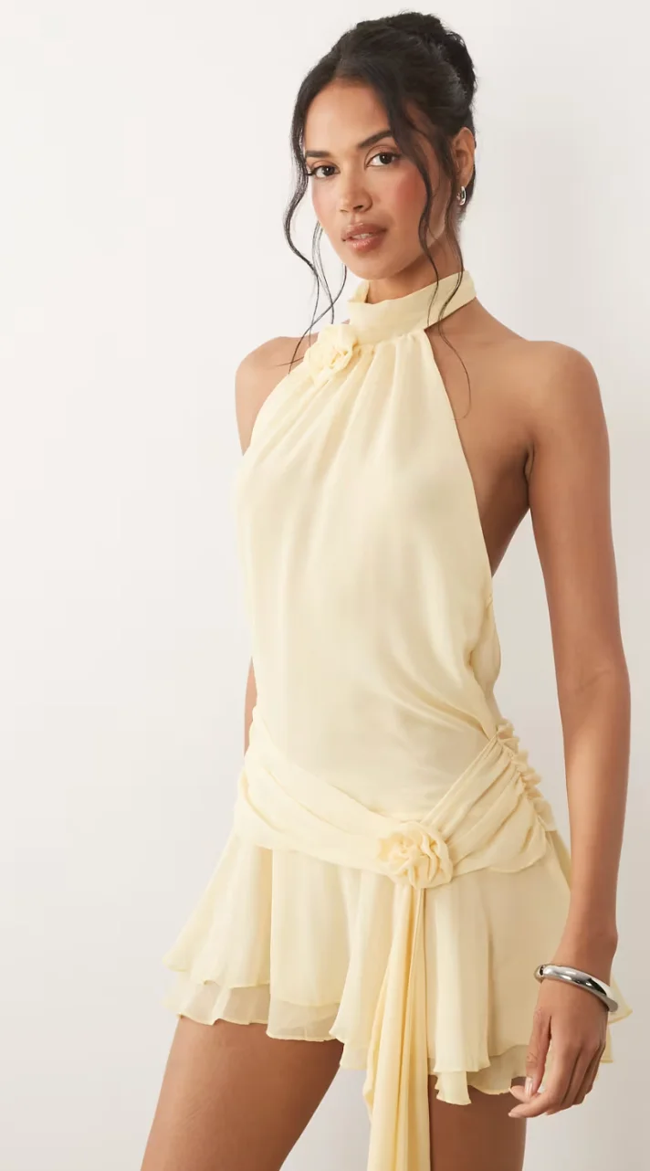 Oh Polly chiffon halter neck rosette detail draped waist mini dress in butter yellow